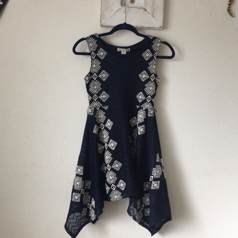 Navy Blue dress with white embroidery.